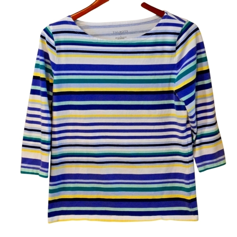 Talbots Women size S Colorful Striped Scoop Neck Top 3/4 Sleeve Coastal Grandma